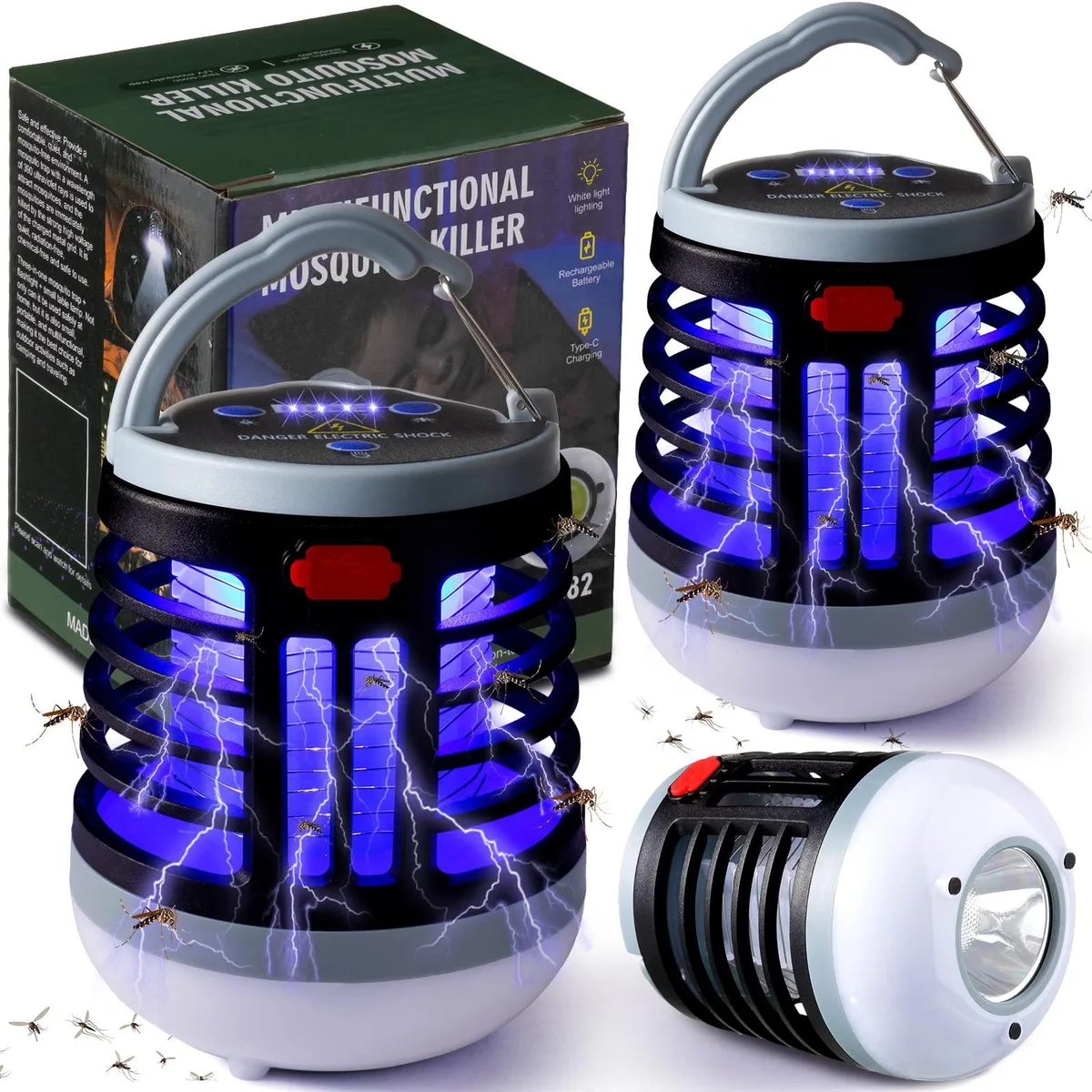 Two black cylindrical bug zappers with LED lanterns, each 4.2 inches tall and 3.3 inches wide