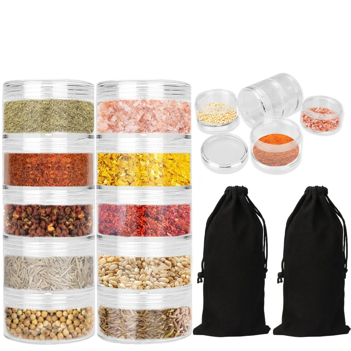 Two clear five-tier spice jar stacks with bags