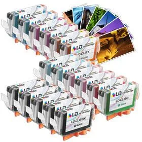 Box containing twenty assorted Canon CLI8 compatible ink cartridges and a pack of 4x6 photo paper