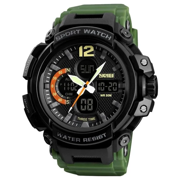 Square green digital watch 55 mm case resin mirror PU strap stainless buckle 50 m waterproof