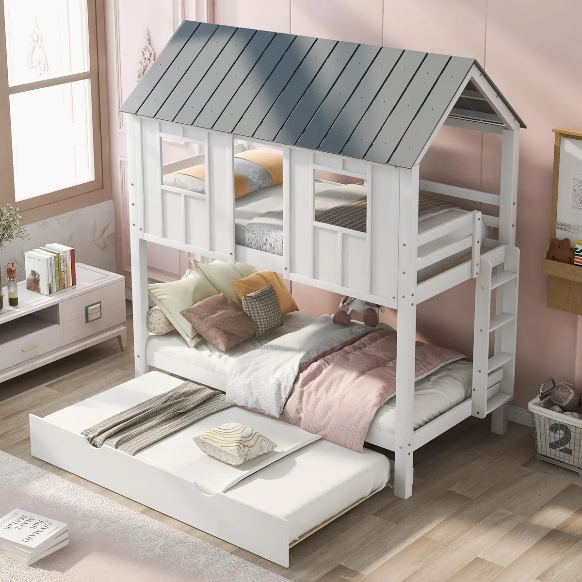 White and grey pine house bunk bed with trundle, roof and windows