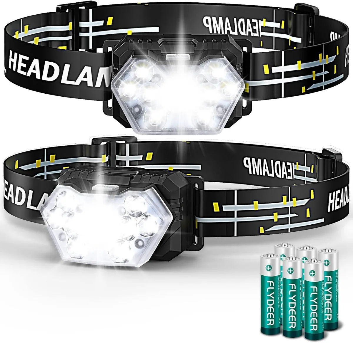 Two lightweight headlamps with adjustable straps and tilted LED modules