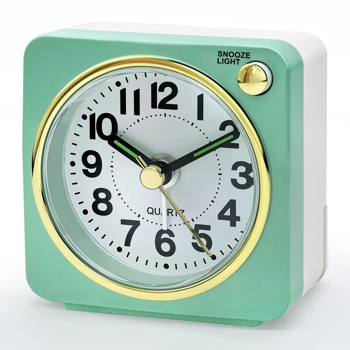Mint analog alarm clock, 2.4 x 1.3 x 2.4 inches, compact cube shape