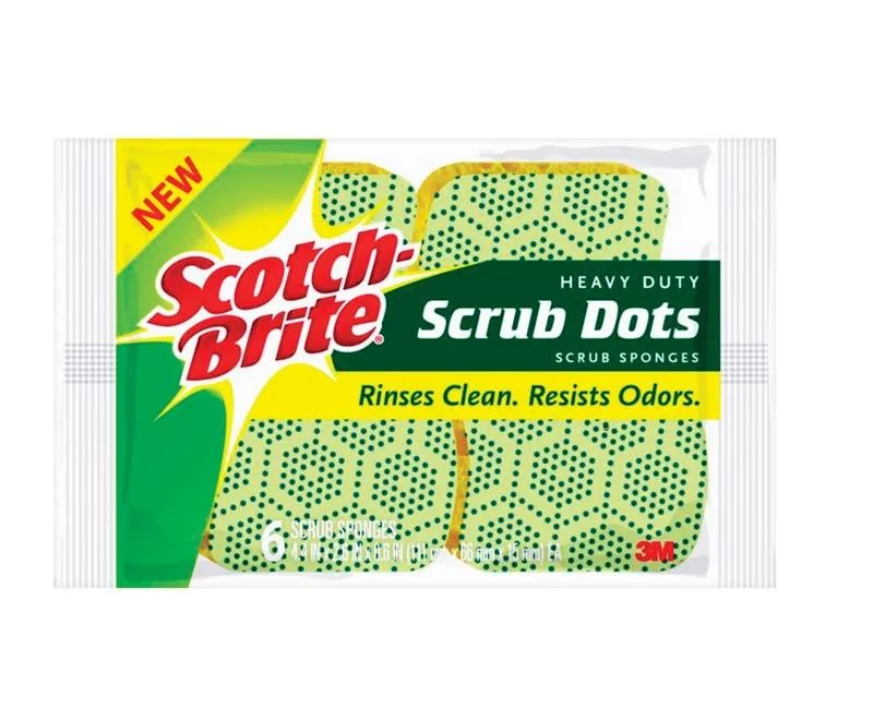 Pack of six rectangular scrub sponges with dotted surface, light green and dark green fibres