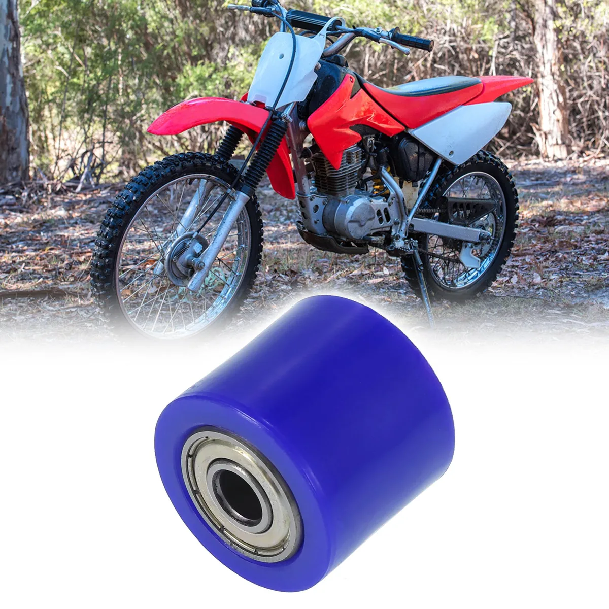 Blue rubber and metal chain pulley roller slider 28mm long 32mm outside diameter