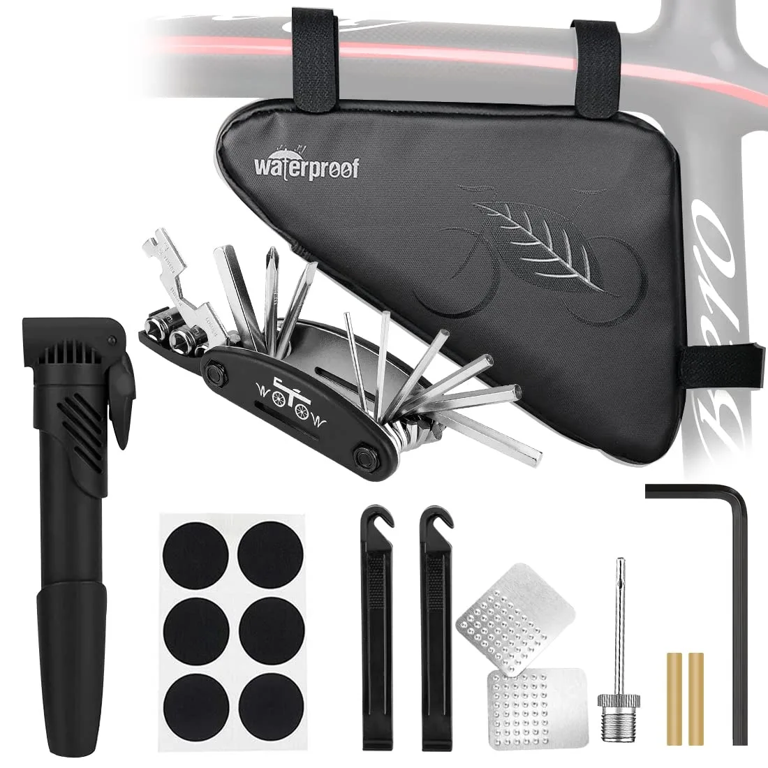  Hollywood Racks 16-in-1 Bike Repair Kit with Pump, 1.5L Waterproof Frame Bag, Silver — product photo