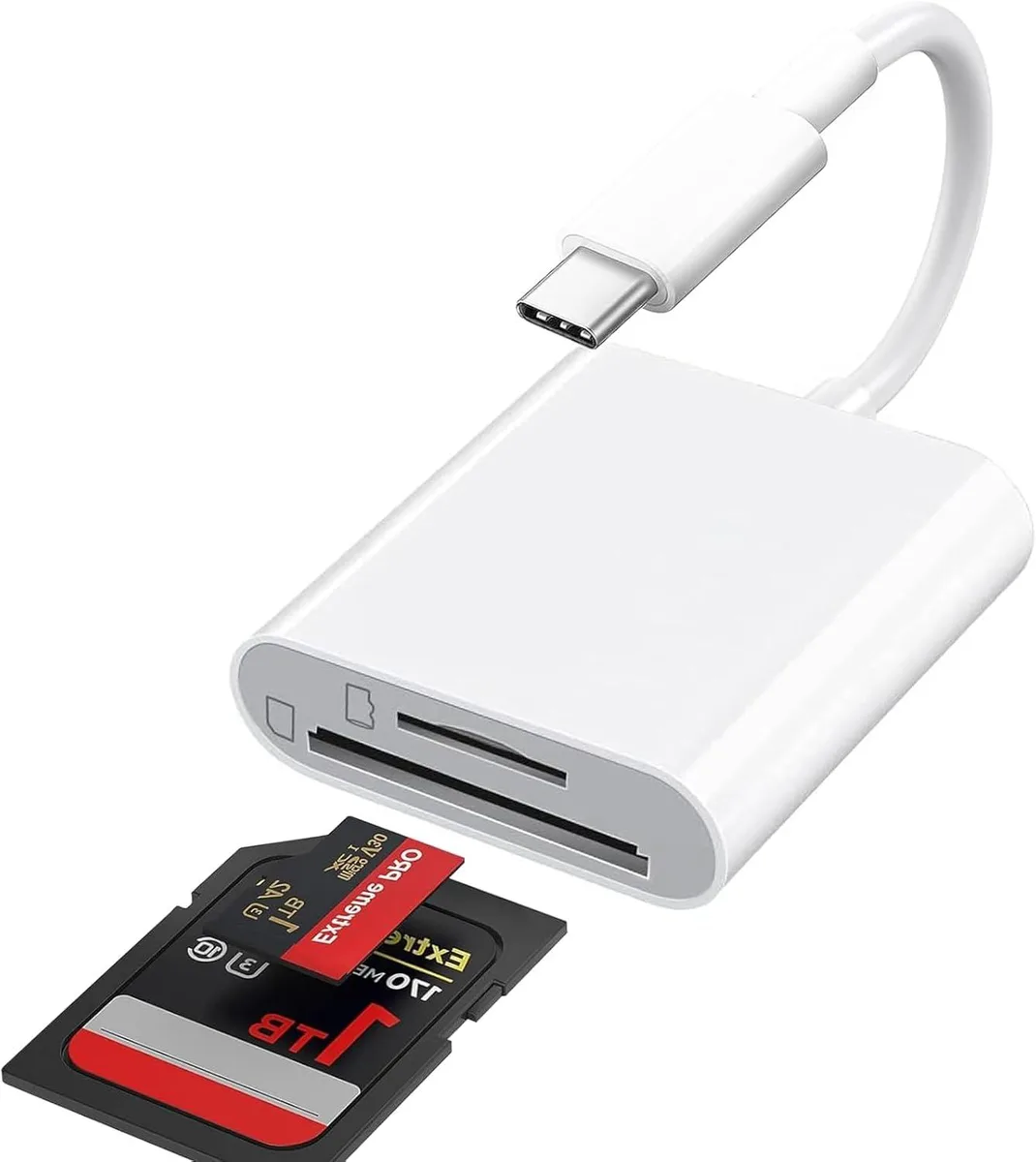Small rectangular USB-C card reader with dual SD and microSD slots, matte finish