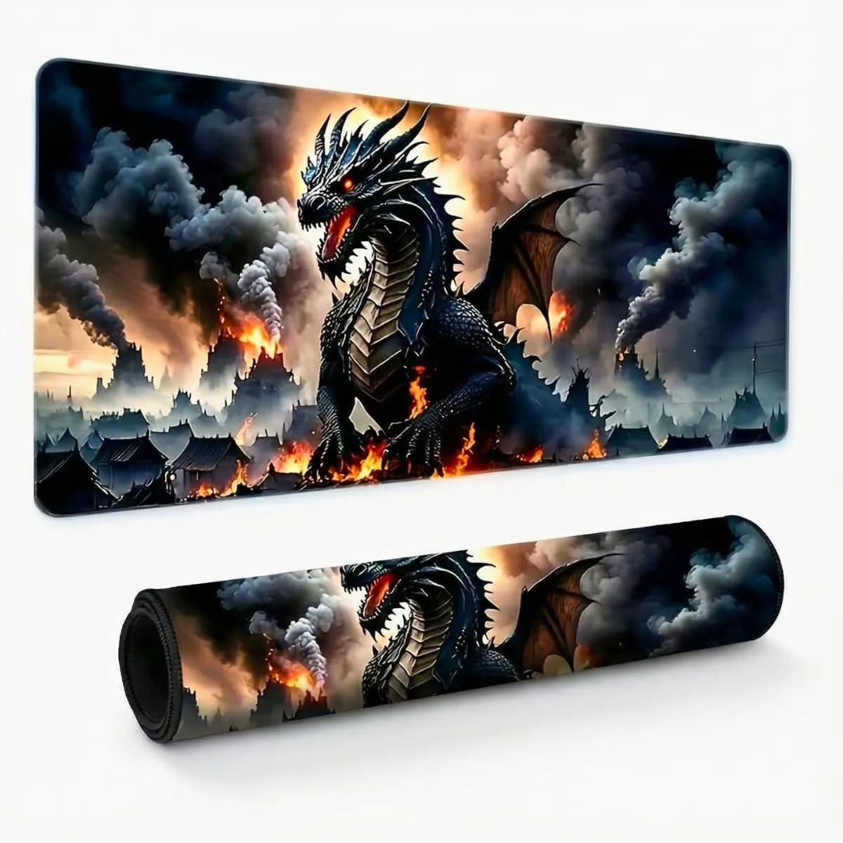 Large rectangular black mouse pad with dragon artwork, stitched edges, rubber base
