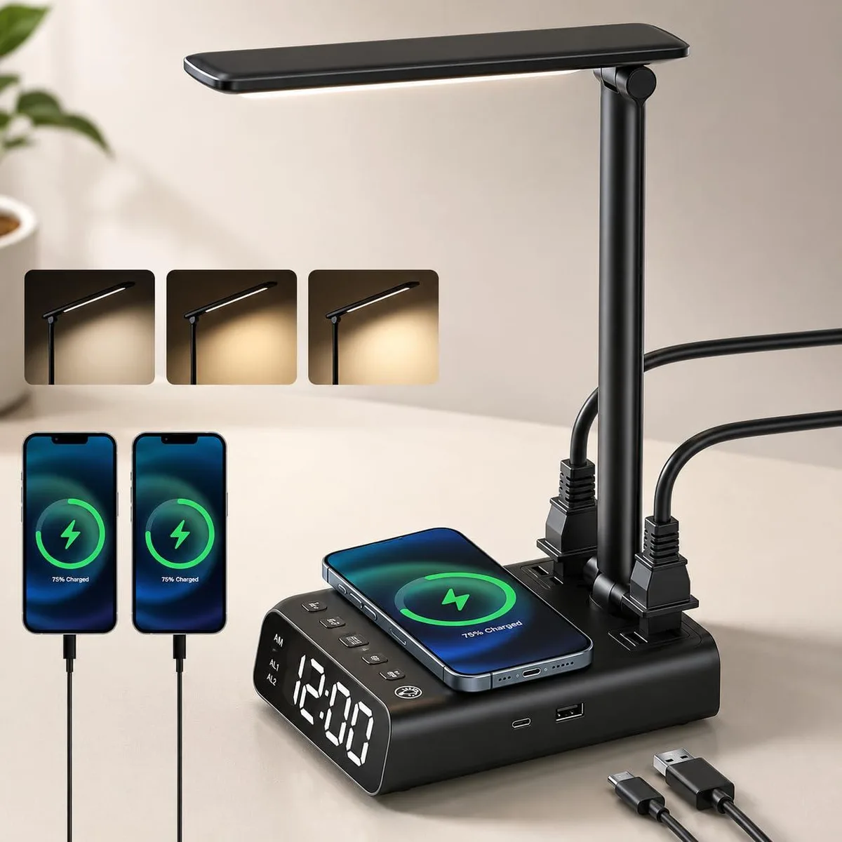 Black rectangular digital clock with integrated lamp and charging ports