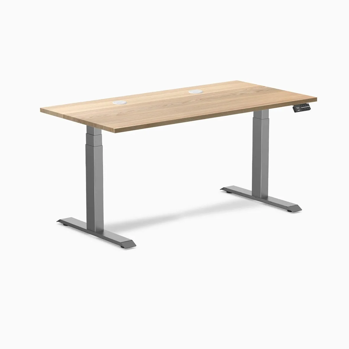 Desky Desky Dual Hardwood Sit Stand Desk White Ash 60 x 30 inches Grommets Space Grey Frame — product photo