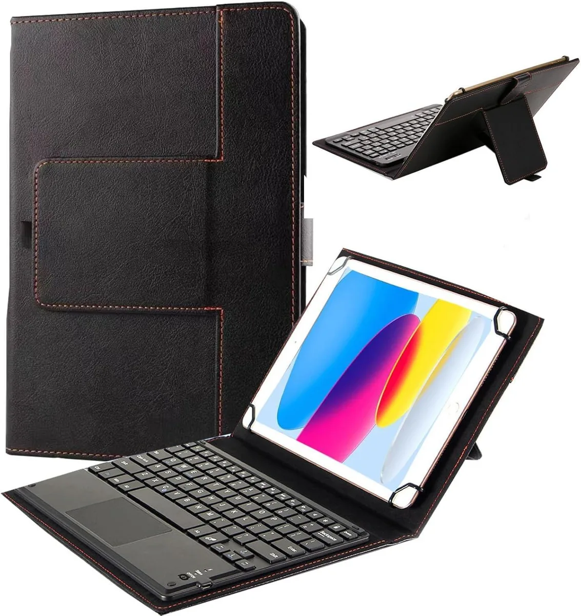 Black folio case with detachable chiclet keyboard and integrated touchpad, sized for 7 to 8 inch tablets
