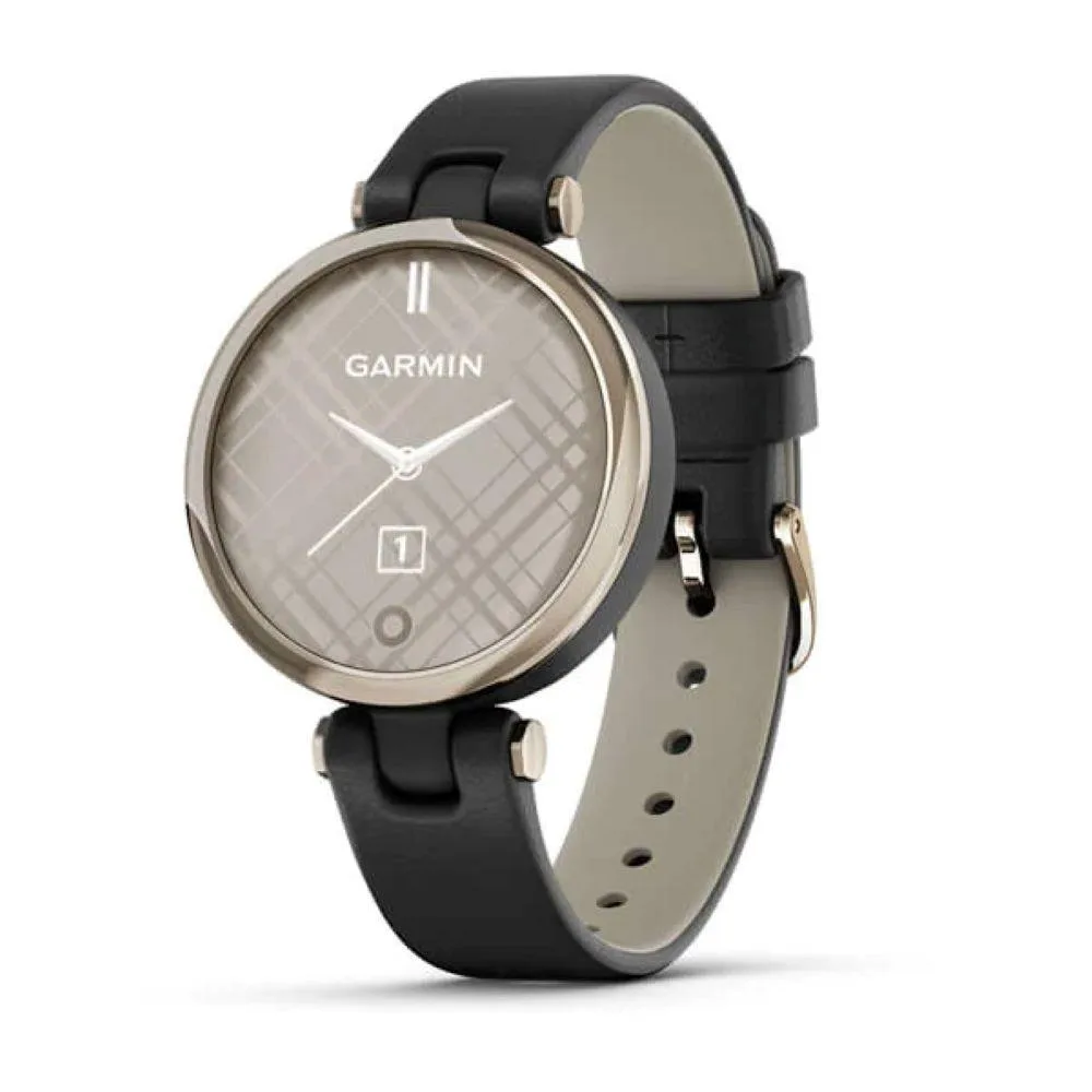 Garmin Garmin Lily Smartwatch Cream Gold Bezel Black Case Italian Leather Band — product photo