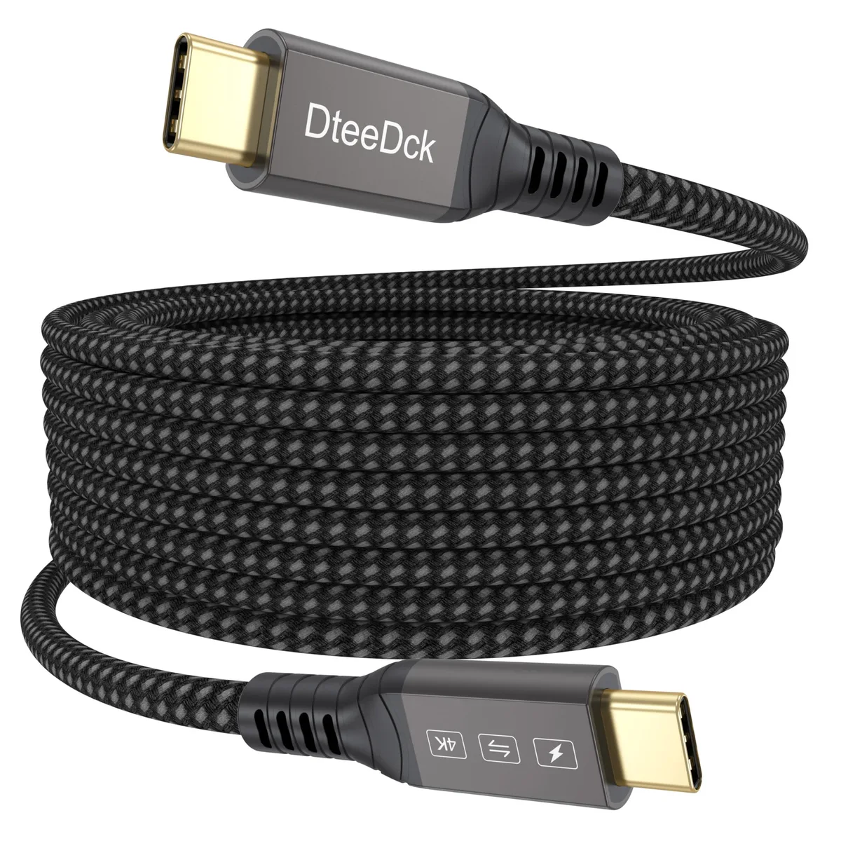 Grey braided USB-C cable with male connectors on both ends, 20ft long