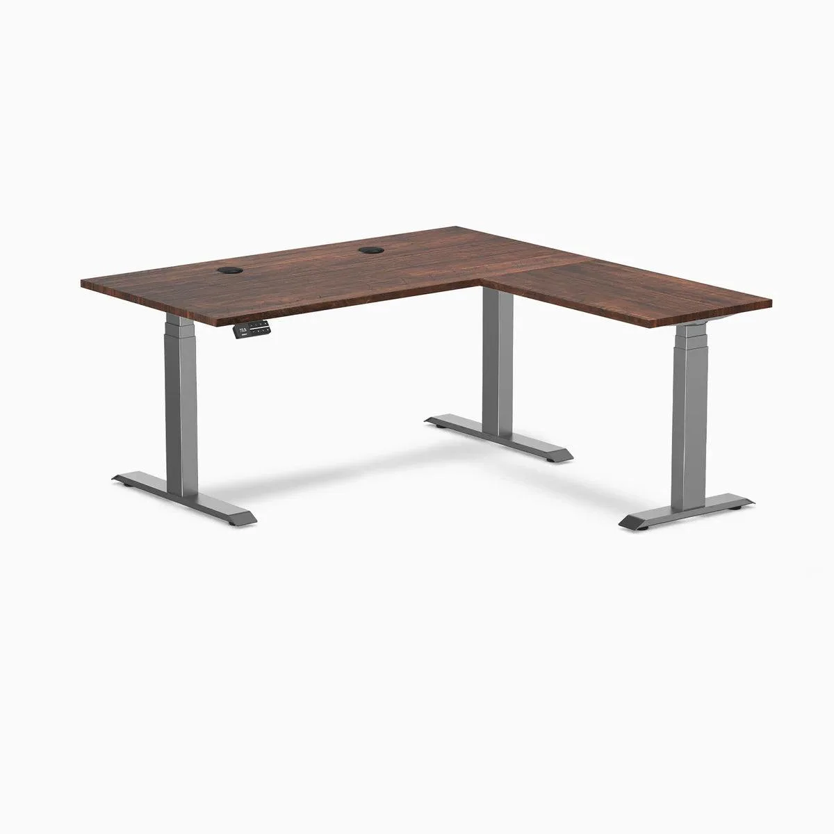 Desky Desky Softwood L-Shape Sit Stand Desk American Rustic Pine 60 x 30 x 62 x 20 in Space Gray office furniture — product photo