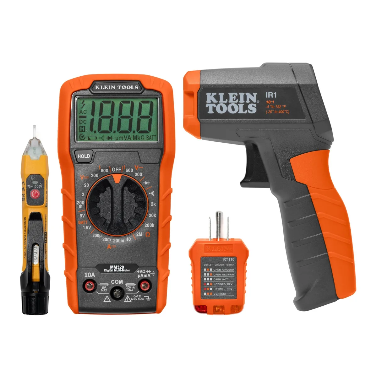 Four-piece electrical test kit with multimeter, voltage tester pen, receptacle tester and infrared thermometer