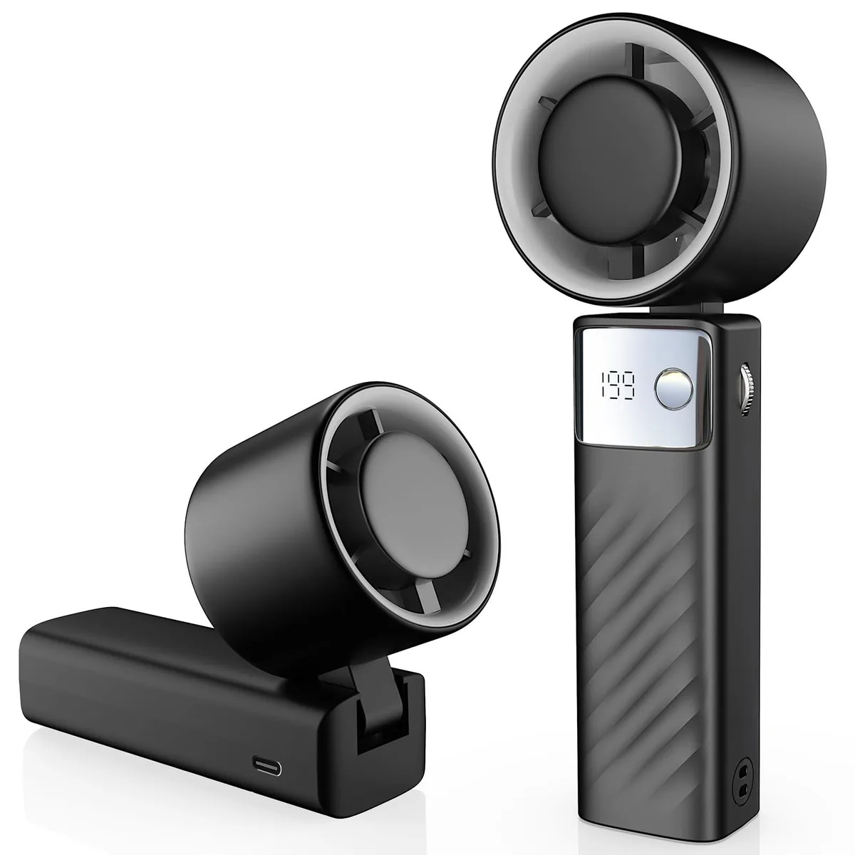 Foldable handheld fan in dark black painted plastic with lanyard attached