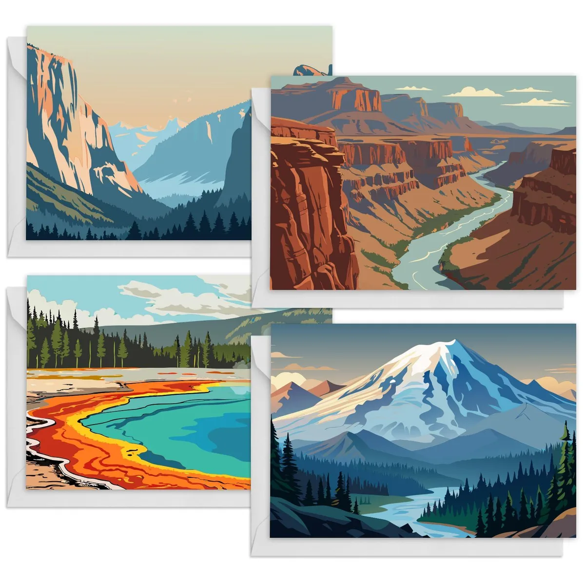 Stack of 48 folded square cards with watercolor National Parks scenes and white envelopes