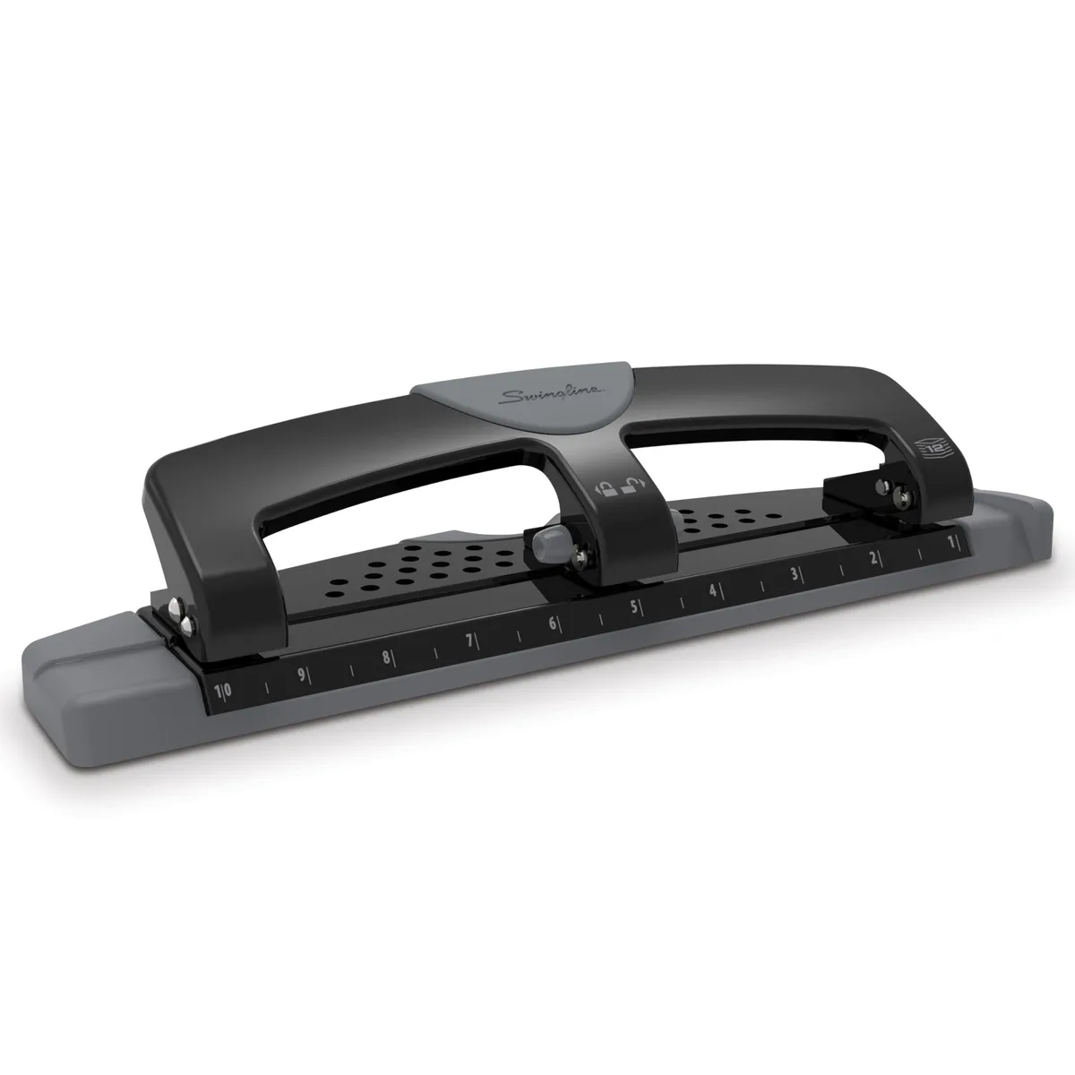 Black and silver desktop three-hole punch with wide soft-grip handle and alignment guide