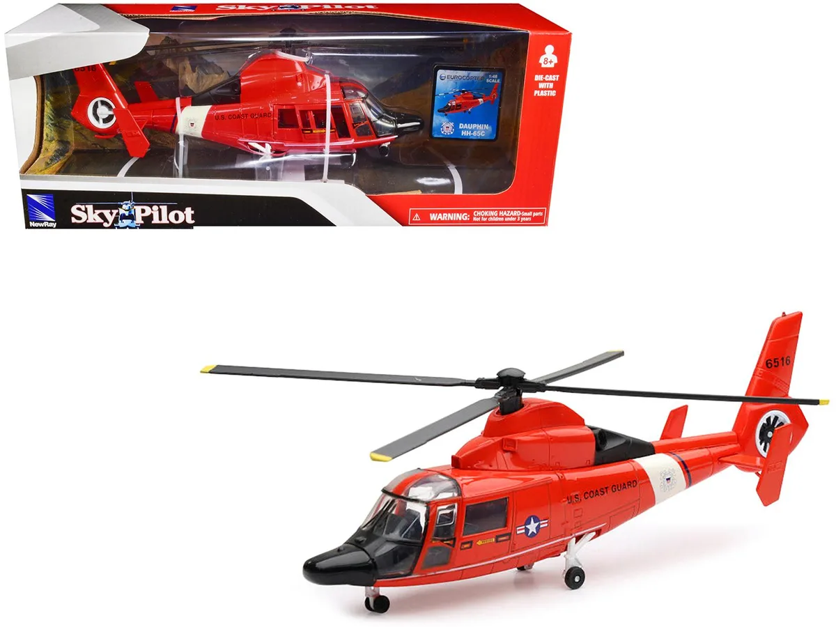 New Ray Toys New Ray Toys Eurocopter Dauphin HH-65C 1/48 Diecast Helicopter Red Coast Guard Sky Pilot — product photo