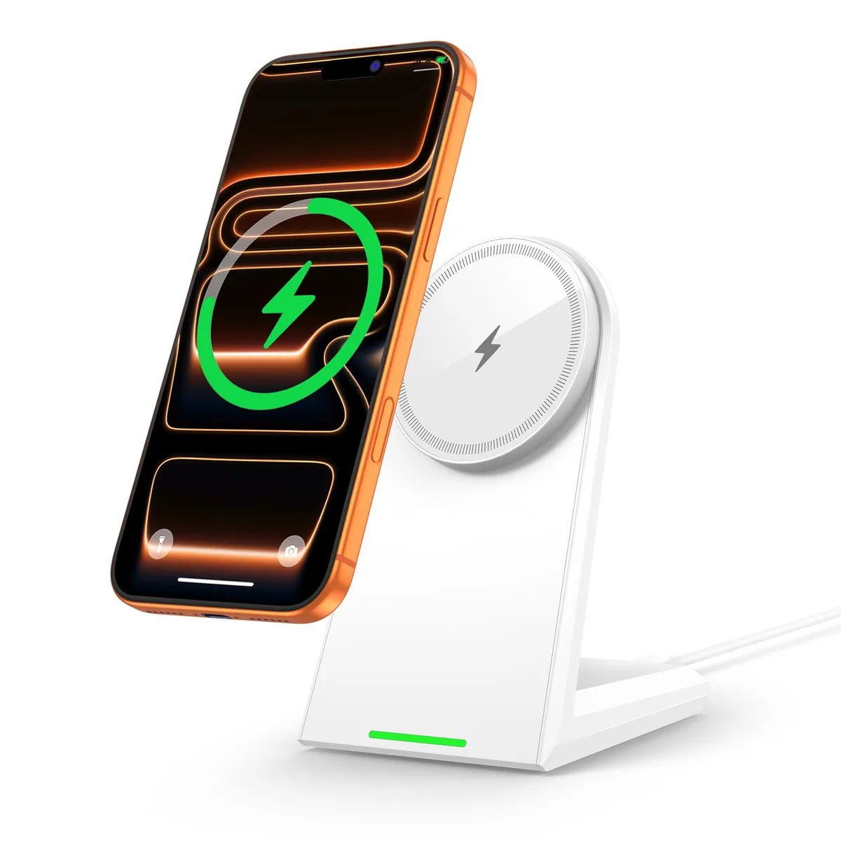 White wireless charger stand with auto-dimming LED indicator and 360° rotation