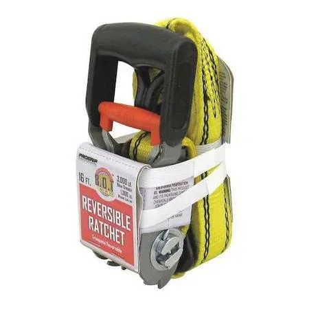 Yellow polyester tie-down strap with reversible ratchet and steel J-hooks