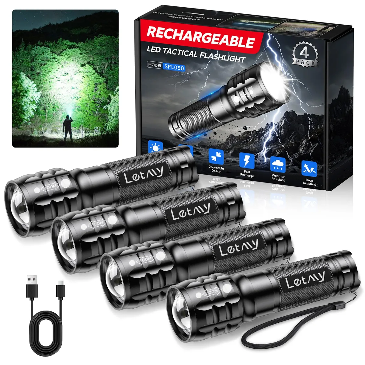 Four small aluminium flashlights with zoom heads and USB-C ports