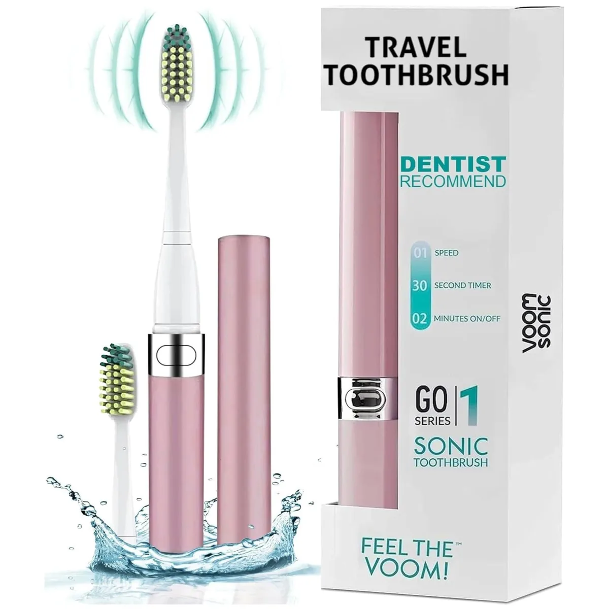 Slim metallic rose electric toothbrush with vented cap and replacement head