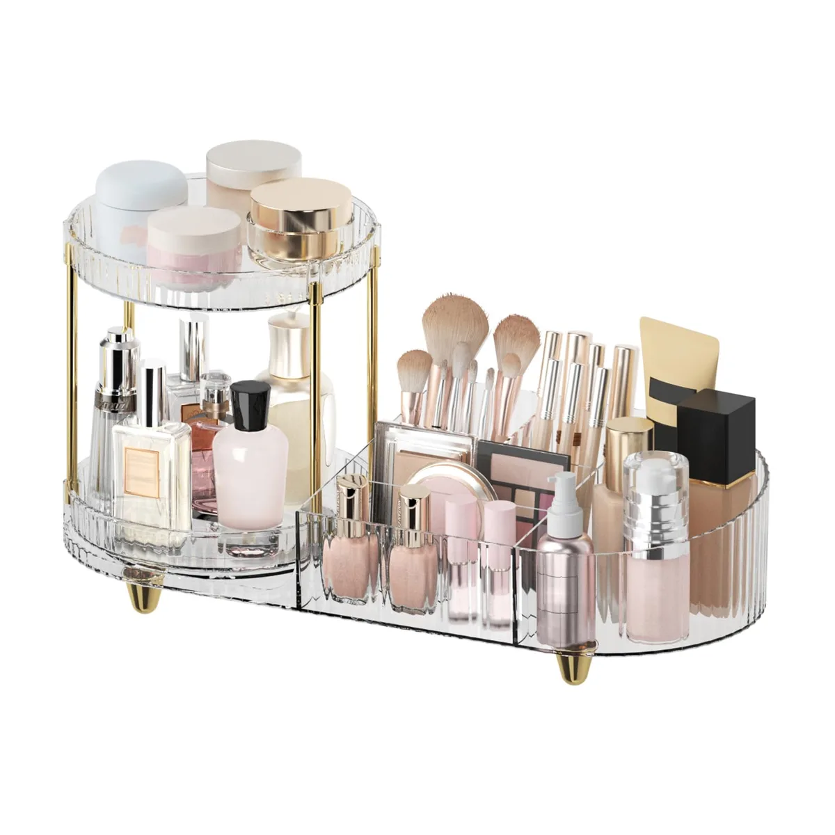 Clear acrylic two-tier rotating makeup organiser with five-compartment base, polished chrome accents, 5.82 x 13.58 x 7.87 in