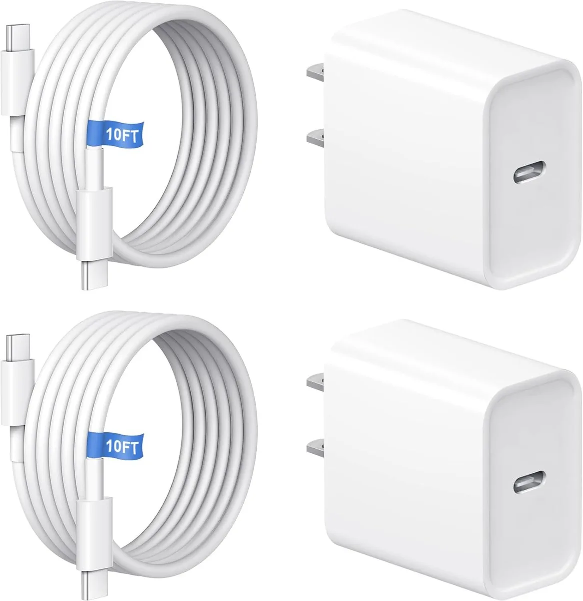 Two white USB-C wall chargers and two long white cables
