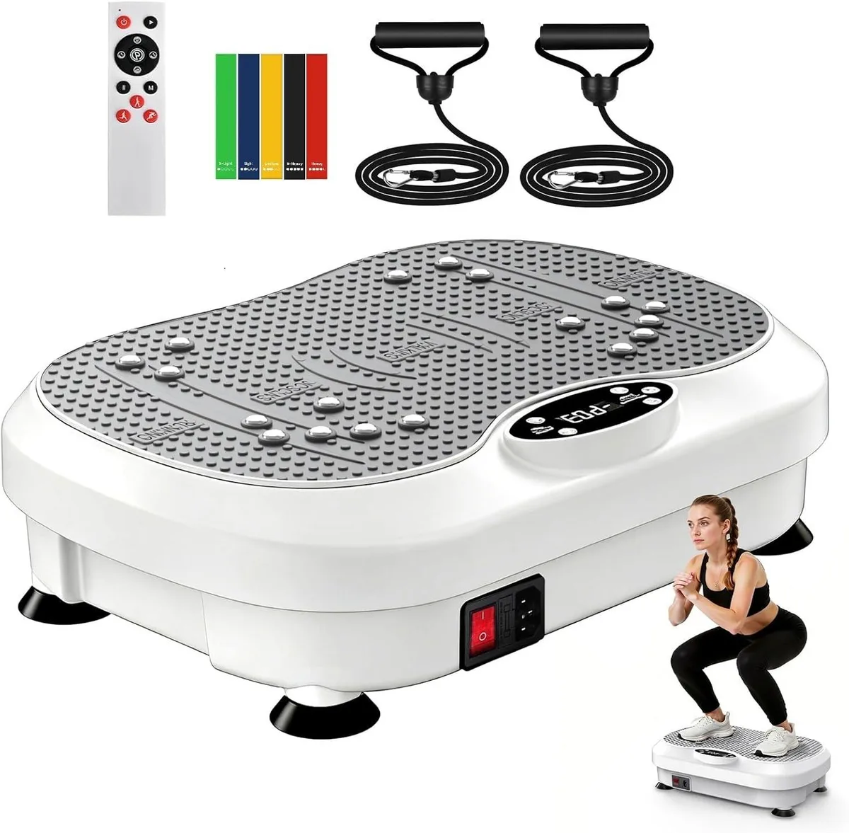 A flat rectangular vibration plate with a sleek dark finish and a small LED display panel