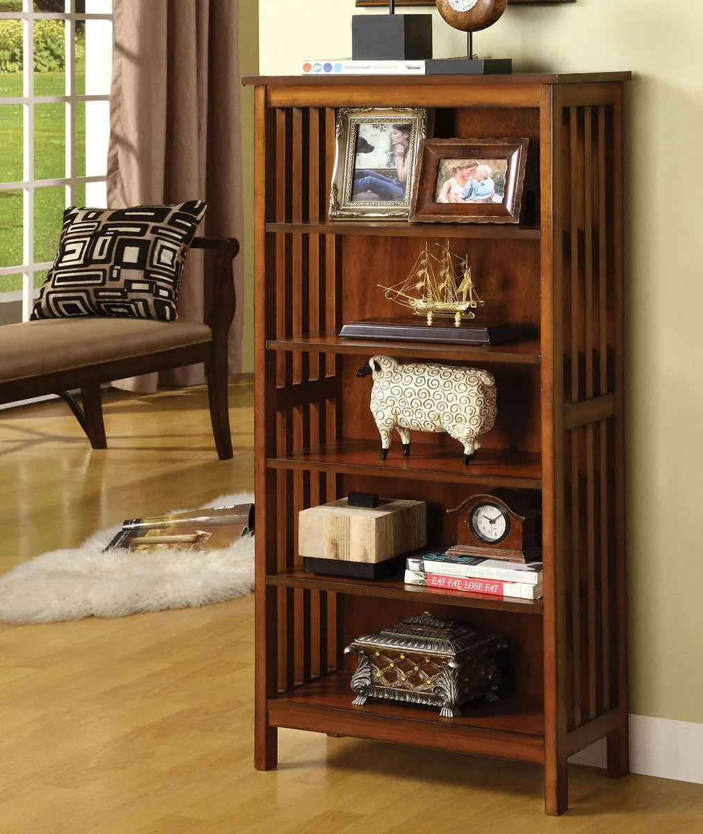 Oak transitional media shelf with five open shelves