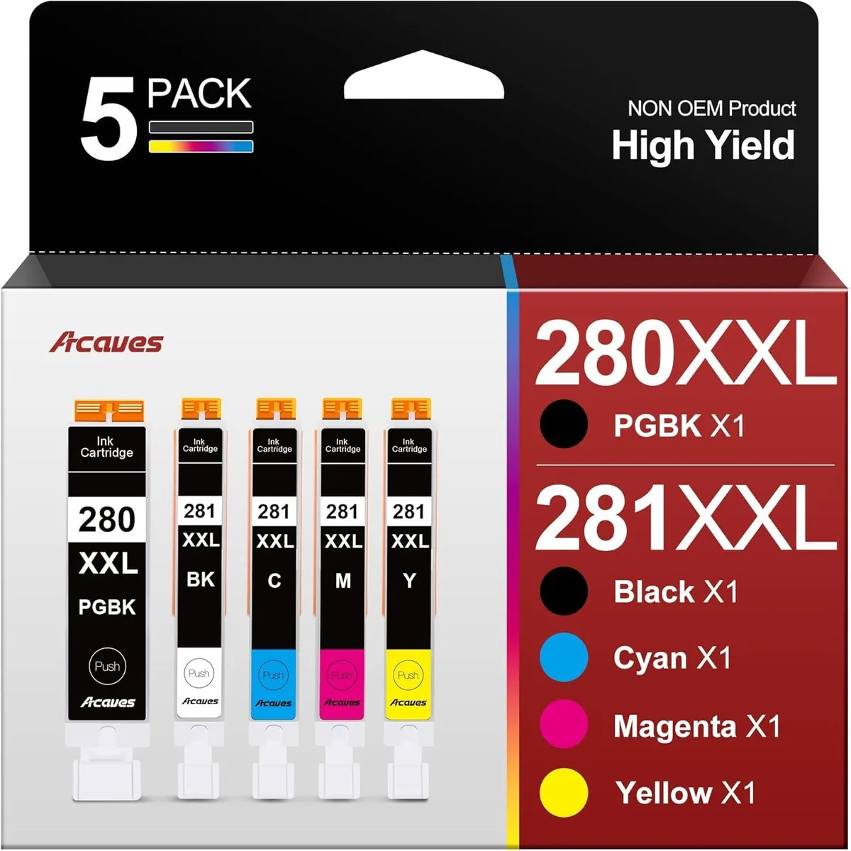 Five yellow ink cartridges in a clear plastic pack