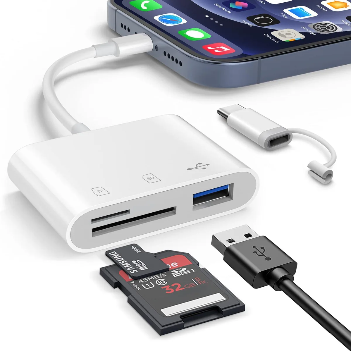 Compact SD and microSD card reader with USB-C and USB-A connectors