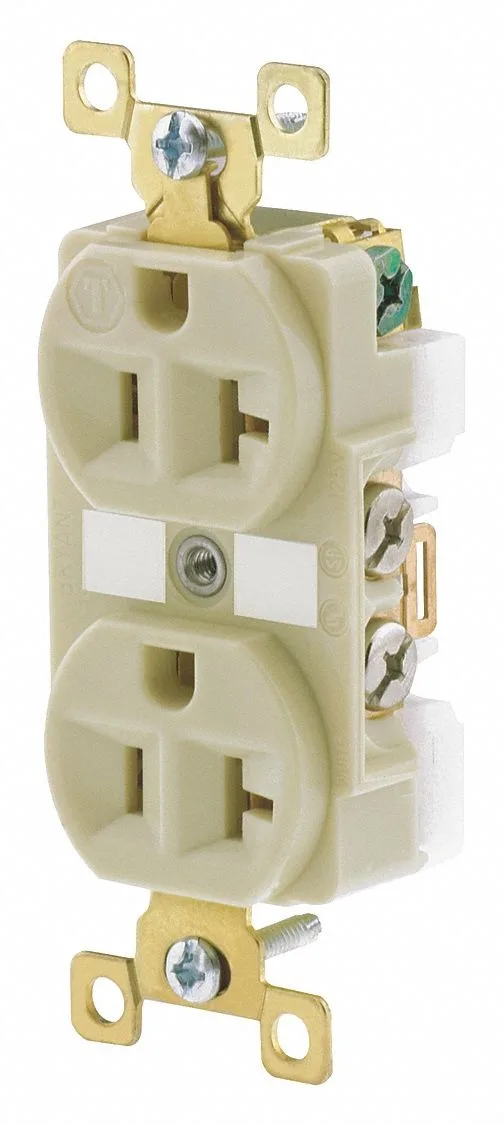 Ivory nylon duplex electrical receptacle with two vertical slots and a round ground hole