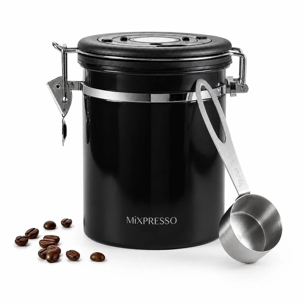 Black stainless steel canister with clamp lid and date wheel, 5.2 in wide, holds 16 oz