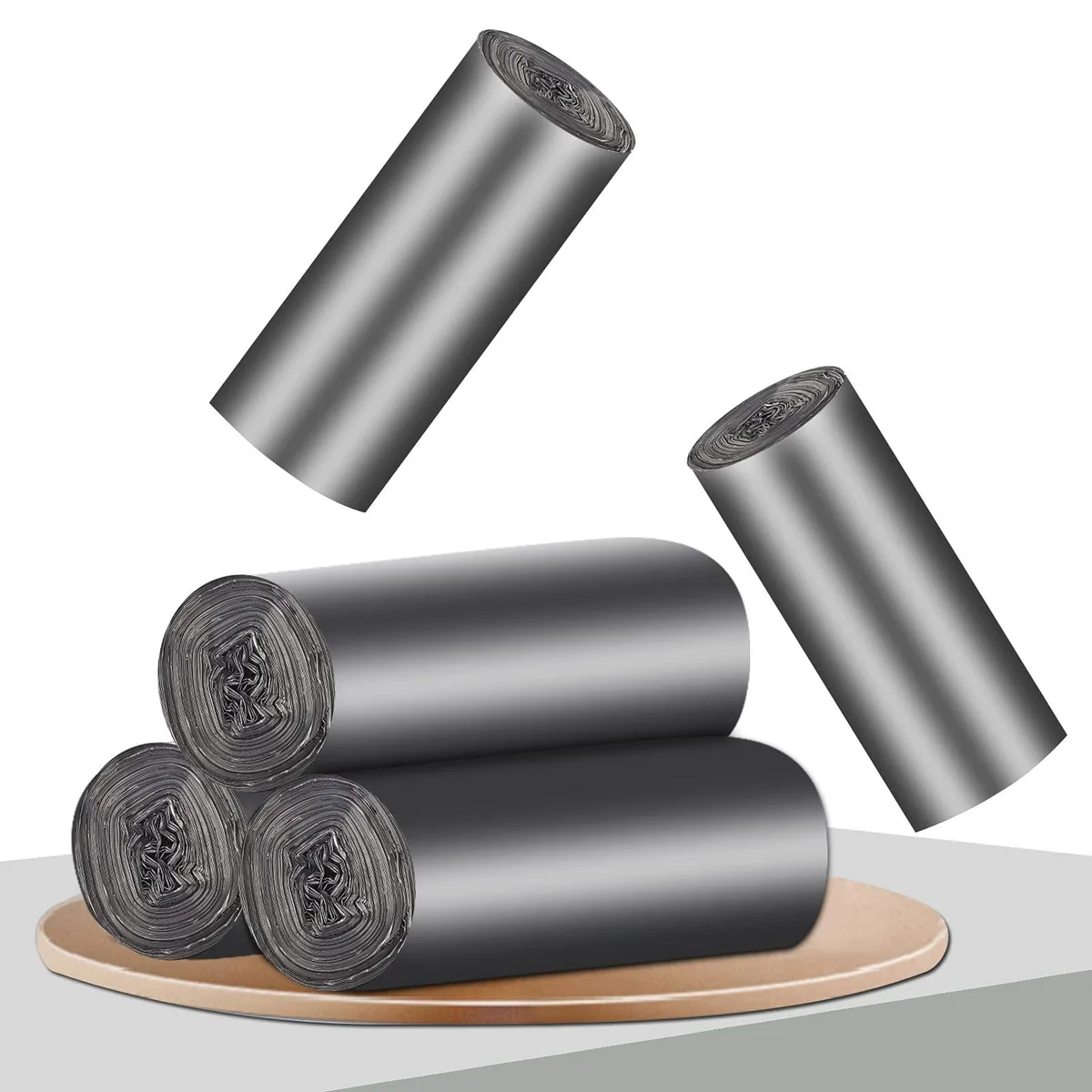 Roll of dark grey HDPE trash bags, 100 count, 2.6 gallon capacity