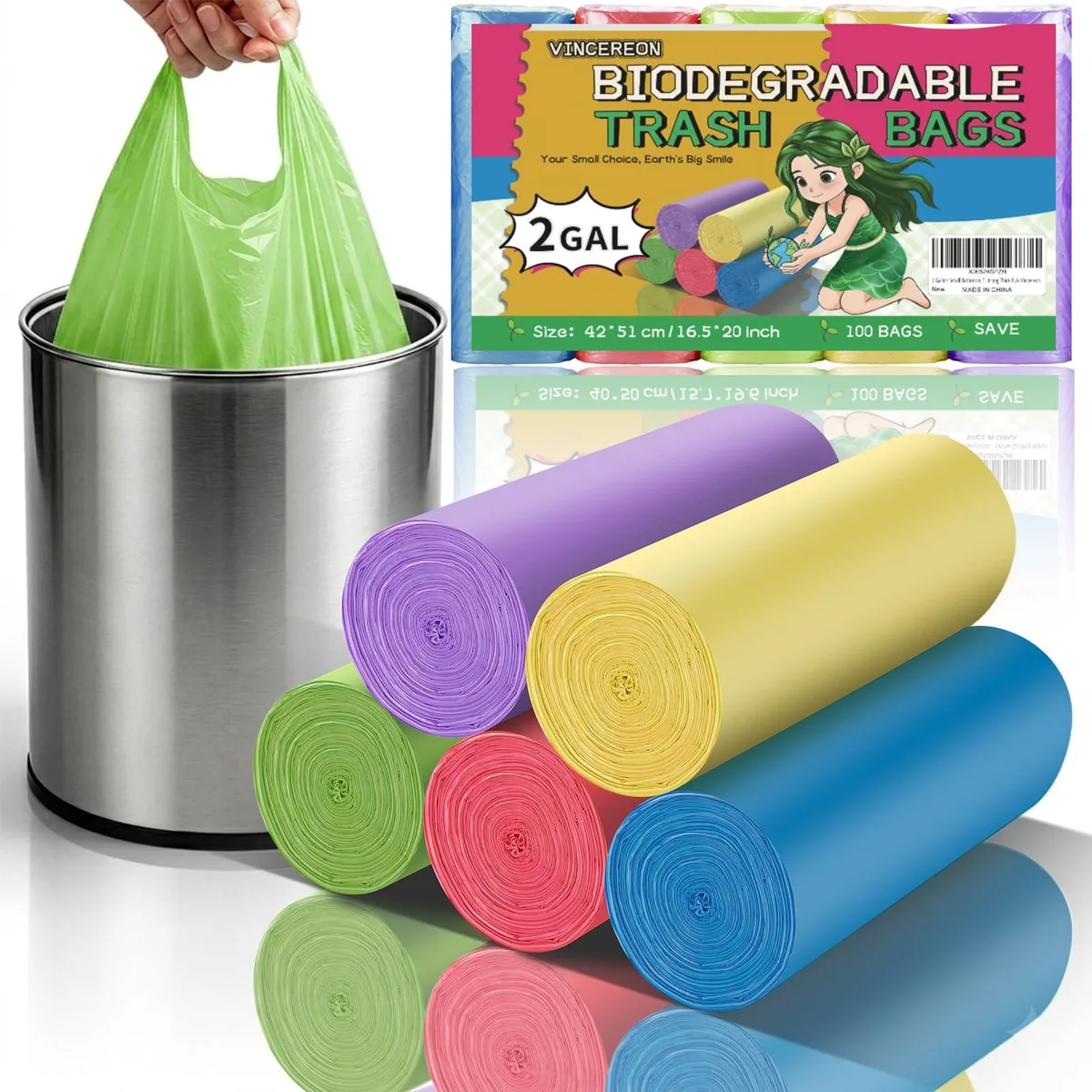 Vincereon 2 Gallon Small Trash Bag Colorful 100 Count 7.5 Liter — product photo