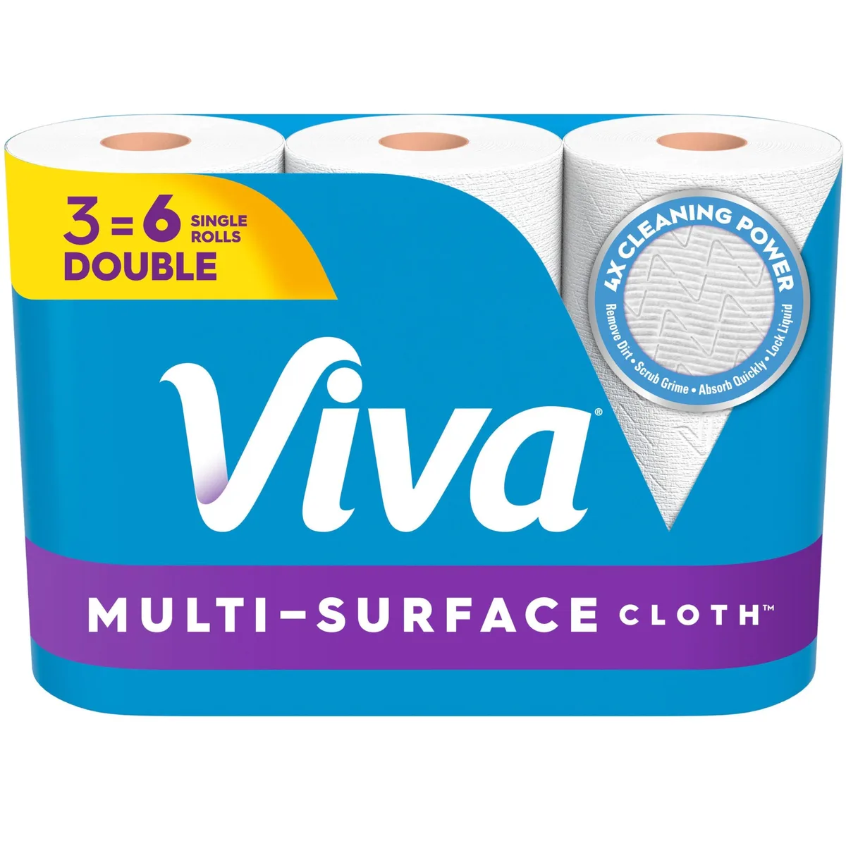 Three double rolls of white perforated paper towels, 330 sheets total