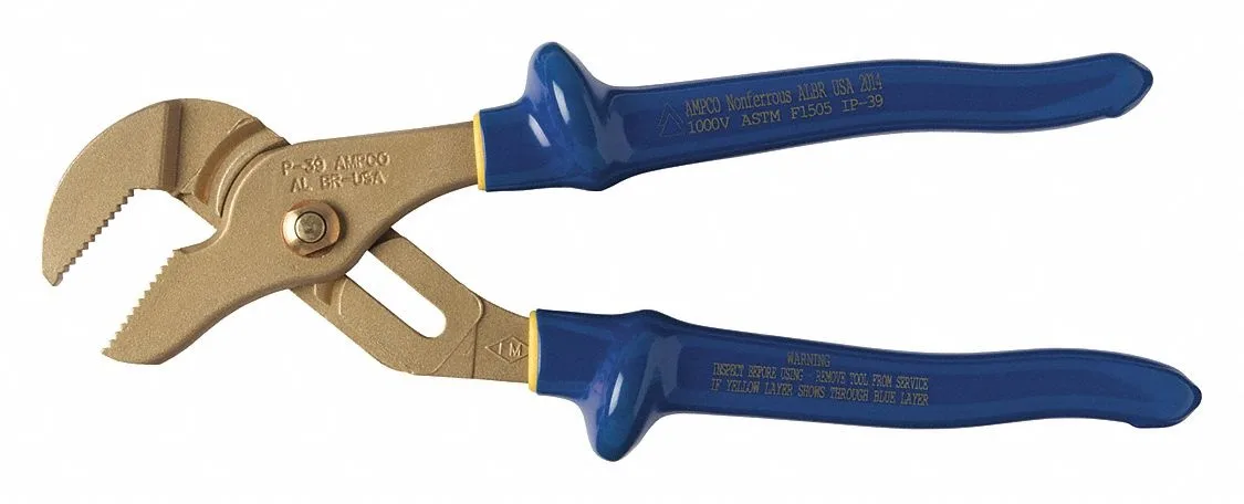 Blue insulated groove joint pliers, uncoated bronze jaws, 10 1/4 in overall length