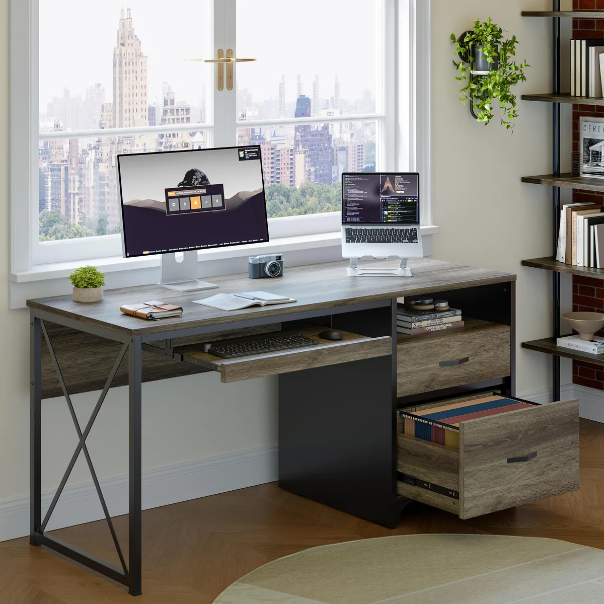Bestier Bestier 55 inch Computer Desk with Drawers Keyboard Tray File Cabinet Retro Gray Oak Dark — product photo