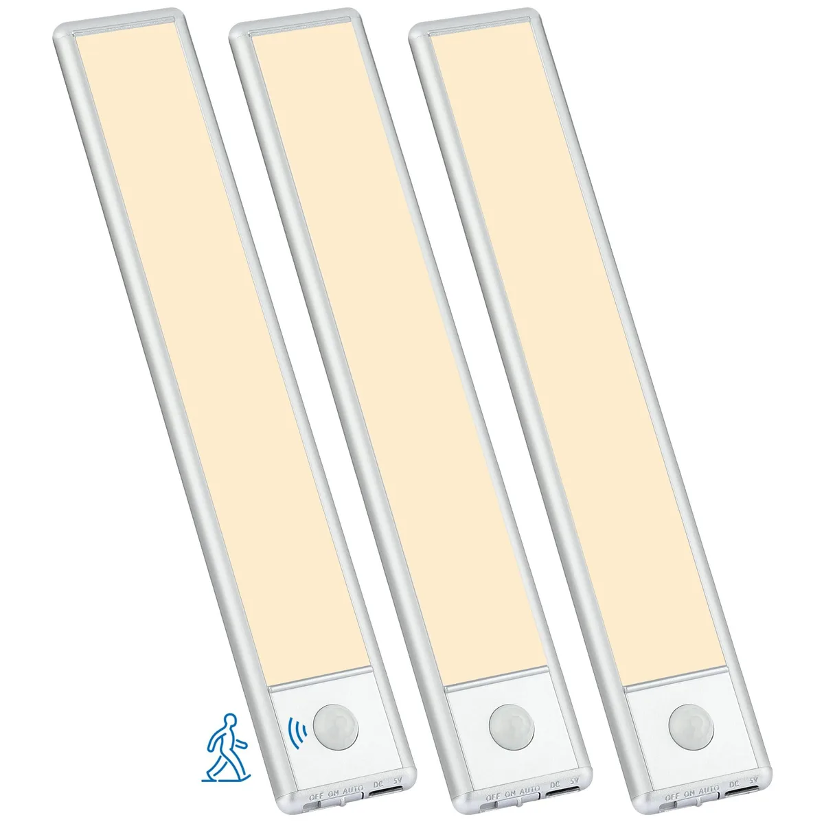 Three white 8-inch LED bars with clear prismatic covers, magnetic or adhesive mounting, rechargeable battery powered