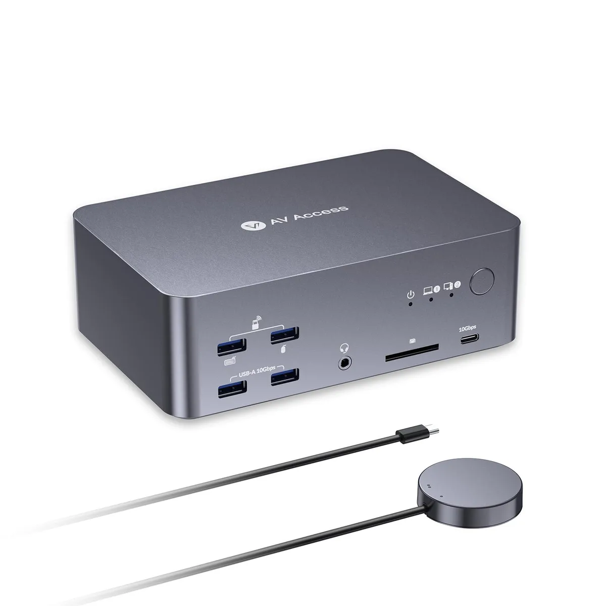 Compact silver aluminium KVM dock with front push buttons and rear ports