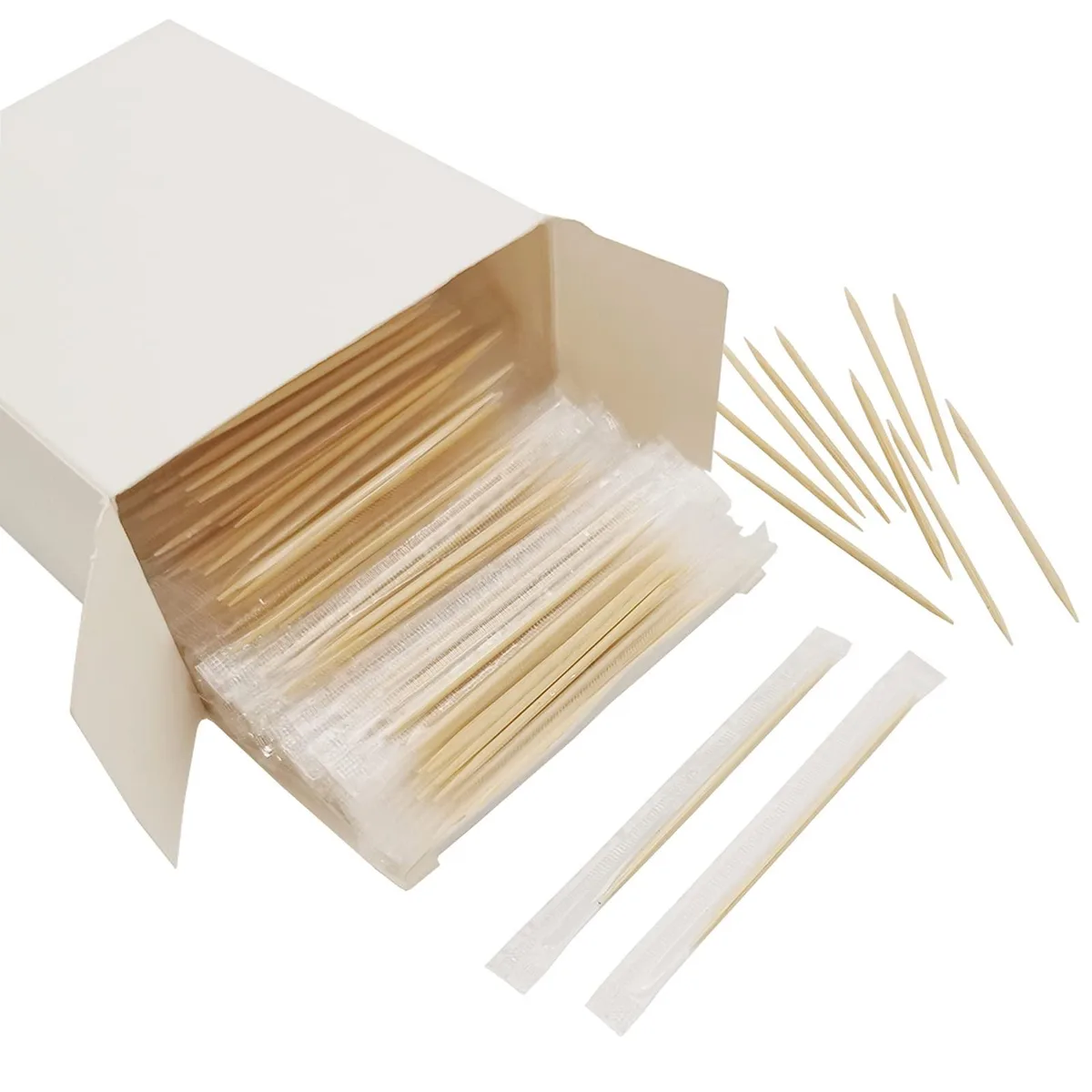 Box of 1000 bamboo toothpicks with blue tops, each cello wrapped
