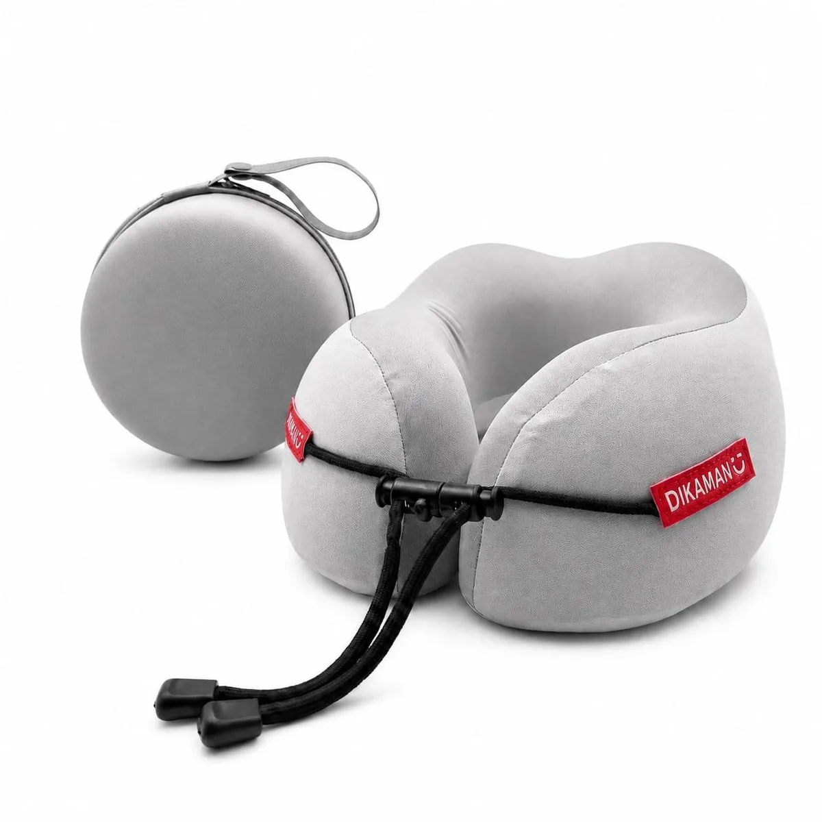 Grey U-shaped memory foam neck pillow with adjustable buckle and mesh cover