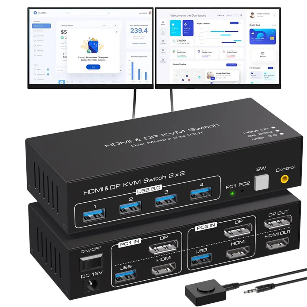AUTYUE AUTYUE 2-Port Dual Monitor HDMI DP KVM Switch 8K 60Hz 4K 120Hz USB 3.0 — product photo