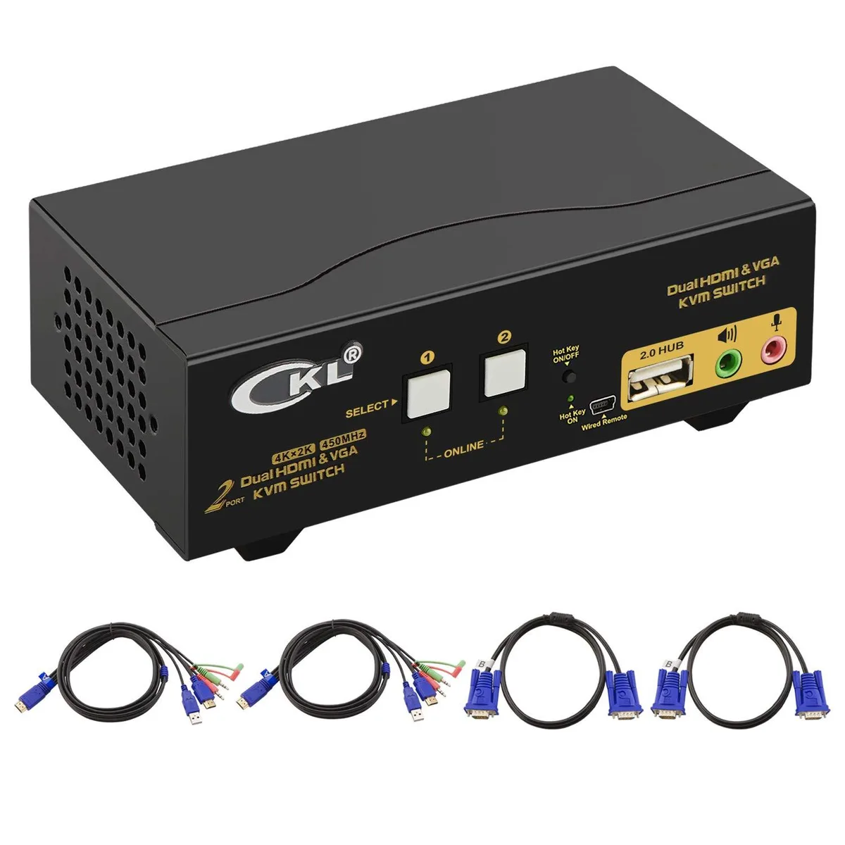 FOCUSTEC FOCUSTEC KVM Switch Dual Monitor 2 Port HDMI VGA USB 2.0 — product photo