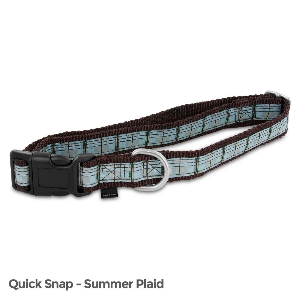 A large plaid dog collar with quick-snap buckle and brushed nickel hardware
