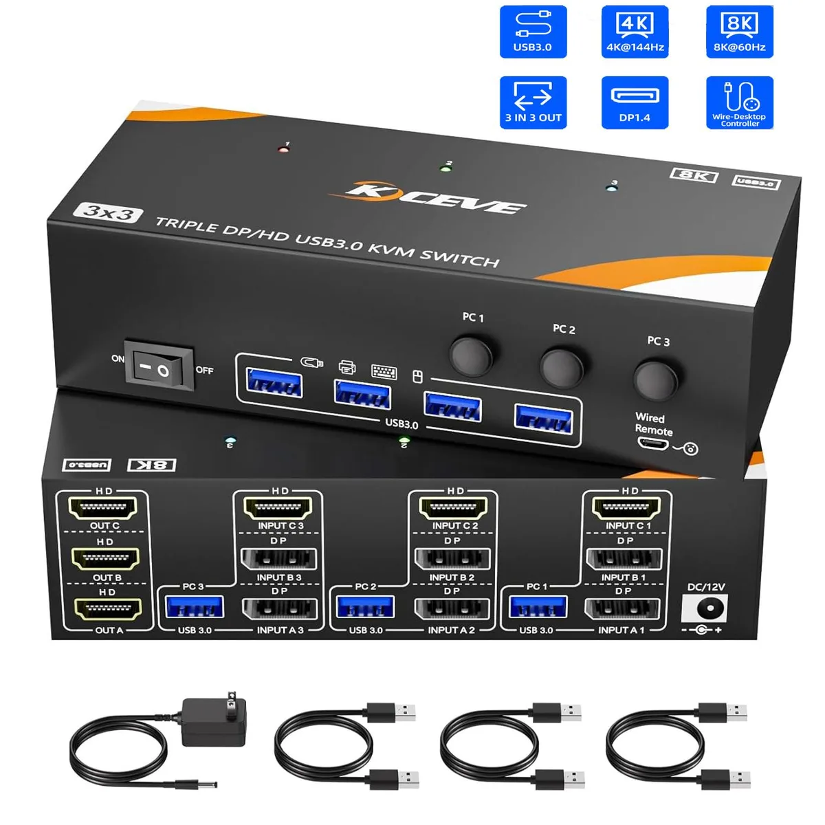 IHDAPP IHDAPP KVM303 HDMI + 2 DisplayPort KVM Switch 3 PC 3 Monitors 8K@60Hz 4K@144Hz — product photo
