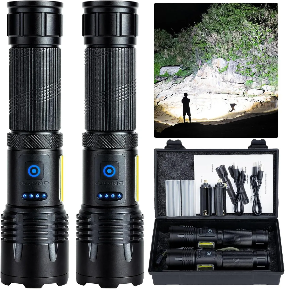 Cylindrical flashlight with textured grey body and flat COB work light panel on side