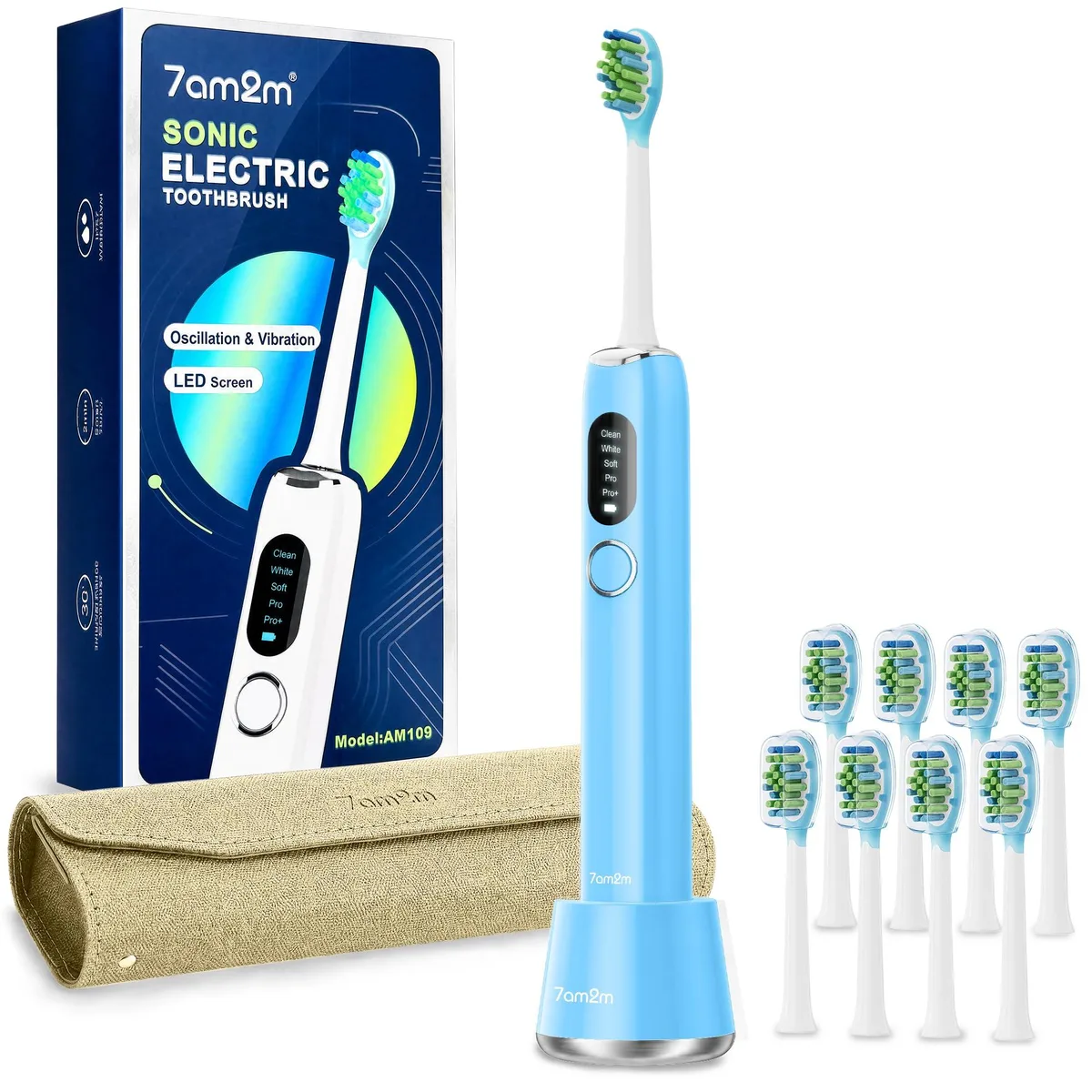 Light blue sonic toothbrush with LED screen and travel case